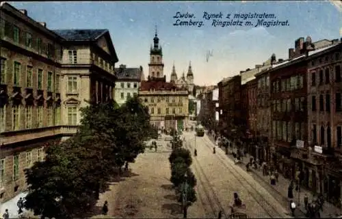 Ak Lwiw Lwów Lemberg Ukraine, Ringplatz mit Magistrat