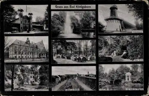 Ak Königsborn Unna im Ruhrgebiet, Friedrichsborn, Bahnhof, Saline, Kurgarten, Schwanenteich