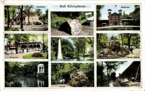 Ak Königsborn Unna im Ruhrgebiet, Parkhaus, Badehaus, Kurgarten, Saline, Schwanenteich, Grotte