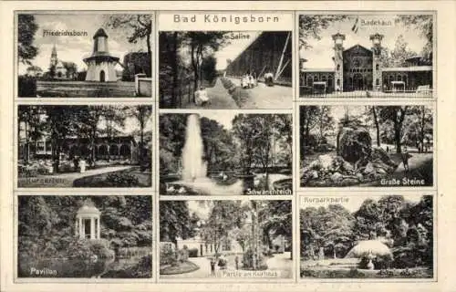 Ak Königsborn Unna im Ruhrgebiet, Friedrichsborn, Badehaus, Saline, Kurhaus, Schwanenteich, Steine