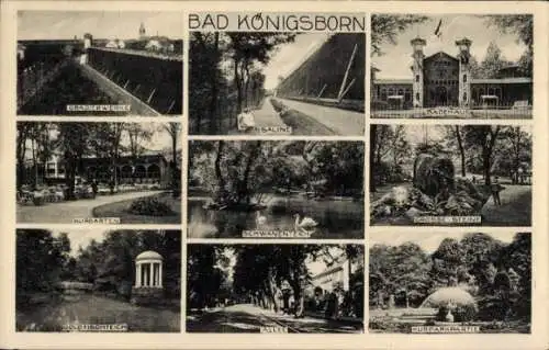 Ak Königsborn Unna im Ruhrgebiet, Gradierwerke, Saline, Badehaus, Goldfischteich, Allee, Kurgarten