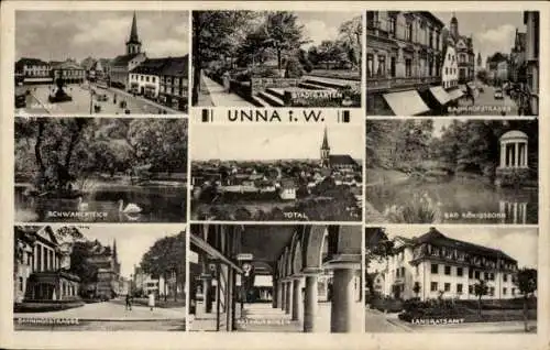 Ak Unna in Westfalen, Bad Königsborn, Landratsamt, Rathausbögen, Schwanenteich, Stadtgarten, Markt