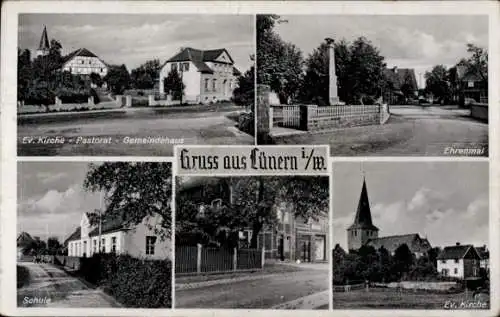 Ak Lünern Unna im Ruhrgebiet, Evangelische Kirche, Pastorat, Gemeindehaus, Ehrenmal, Schule