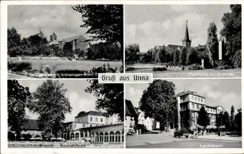 Ak Unna im Ruhrgebiet, St. Katharina, Stadtkirche, Ehrenmal, Kurhaus, Landratsamt