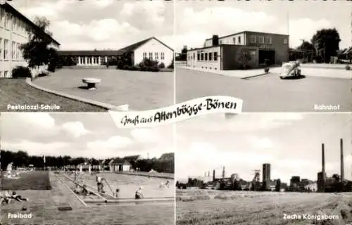 Ak Altenbögge Bönen in Westfalen, Pestalozzi Schule, Bahnhof, Zeche Königsborn, Freibad