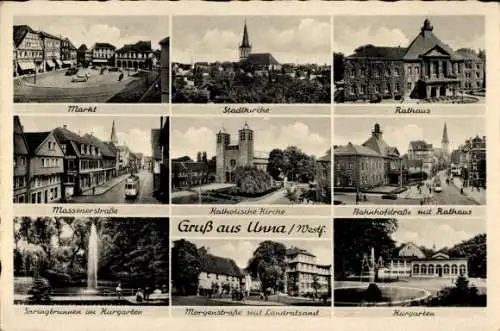 Ak Unna im Ruhrgebiet, Markt, Kirchen, Bahnhofstraße, Rathaus, Kurgarten