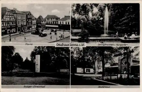 Ak Unna in Westfalen, Markt, Kriegerehrenmal, Kurgarten, Springbrunnen, Badehaus