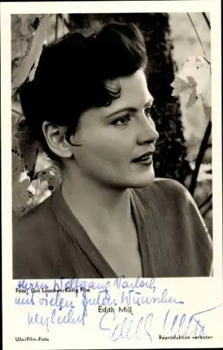 Ak Schauspielerin Edith Mill, Profil-Portrait, Autogramm