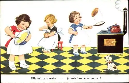 Künstler Ak Wills, John, Mädchen in der Küche, Herd, Teigschüssel, Kaffeemühle