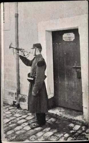 Ak Französischer Soldat mit Trompete in der Kaserne