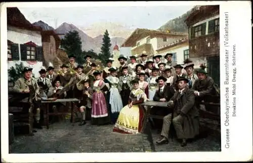 Ak Großes Oberbayrisches Bauerntheater, Volkstheater, Trachten, Lederhose, Dirndl, Instrumente