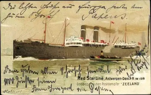 Künstler Litho Cassiers, Doppelschrauben Postdampfer Zeeland, Red Star Line