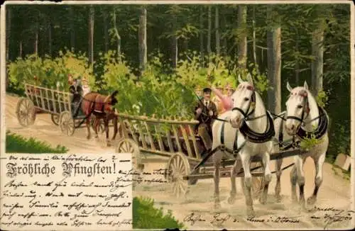 Künstler Litho Mailick, Alfred, Glückwunsch Pfingsten, geschmückte Pferdewagen