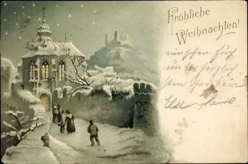 Ak Glückwunsch Weihnachten, Winterlandschaft, Personen auf dem Weg zur Kirche