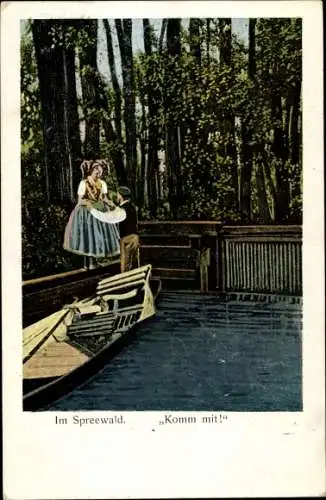 Ak Im Spreewald, Mann hilft Frau ins Boot, Trachten
