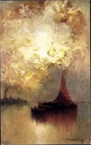 Künstler Ak Van Hier, Segelboot bei Sonnenuntergang