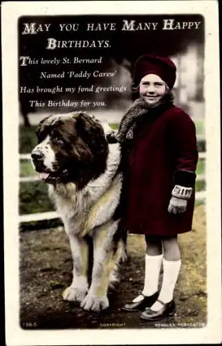 Ak Glückwunsch Geburtstag, Mädchen mit Bernhardiner