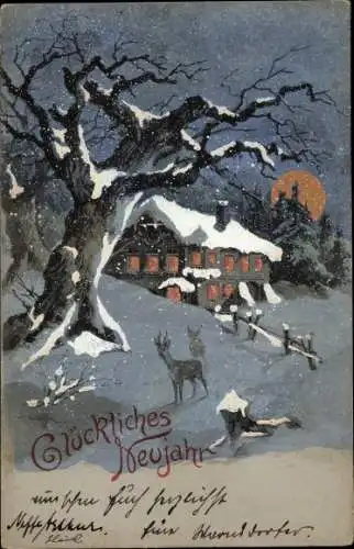 Ak Glückwunsch Neujahr, Winterlandschaft, Rehe, Wohnhaus