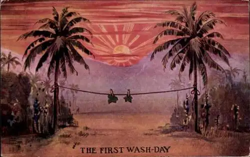 Ak The first wash day, Feigenblätter von Adam und Eva hängen auf der Wäscheleine