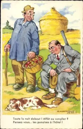 Künstler Ak Chaperon, Jean, Bauer mit Obstkorb, erfolgloser Jäger