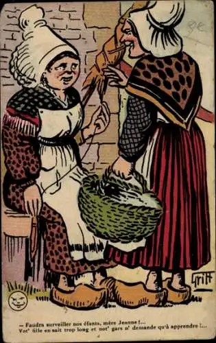 Künstler Ak Griff, Zwei Frauen in französischen Trachten, Spindel