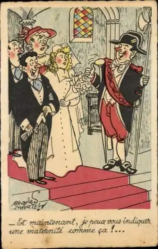 Künstler Ak Marten, Charles, Ehepaar wird nach der Hochzeit auf eine Entbindungsstation hingewiesen