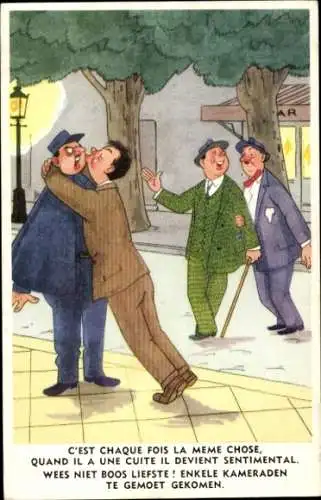 Künstler Ak Betrunkener Mann küsst Polizisten