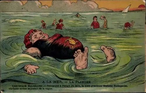 Künstler Ak Dicke Frau im Badeanzug treibt auf dem Wasser