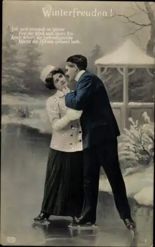Ak Winterfreuden, Liebespaar beim Schlittschuhlaufen