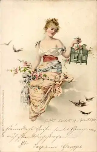 Litho Junge Frau mit Vogelkäfig