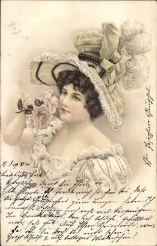 Litho Portrait einer Frau mit Federhut und Rose