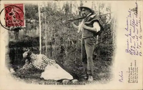 Ak Französische Tracht, Liebespaar, Fluss