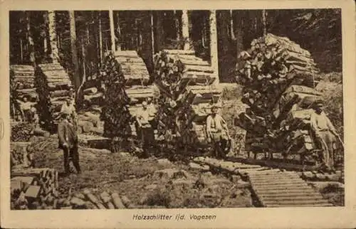 Ak Holzschlitter in den Vogesen, Holz, Transport, Forstwirtschaft