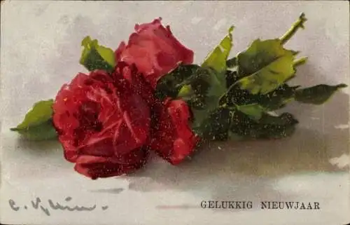 Künstler Ak Klein, Catharina, Eine rote Rose, Blüte, Glückwunsch Neujahr