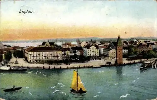 Ak Lindau am Bodensee Schwaben, Hafen, Alter Leuchtturm, Ruderboot, Segelschiff, Dampfer