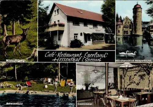 Ak Hessenthal Mespelbrunn im Spessart, Café Restaurant Egerland, Märchenschloss Mespelbrunn
