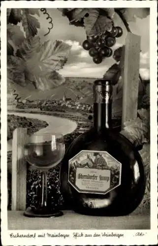 Ak Escherndorf Volkach in Unterfranken, Blick aus den Weinbergen, Mainbogen, Weinflasche, Weinglas