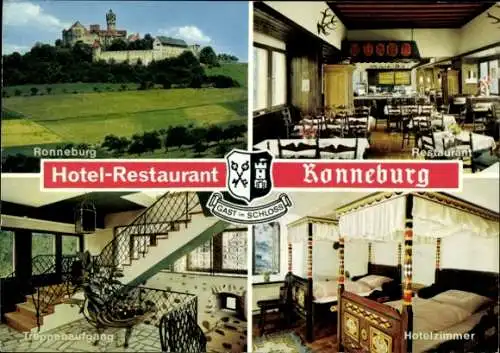 Ak Ronneburg in Hessen, Burg, Hotel-Restaurant, Hotelzimmer, Restaurant, Wappen, Treppenaufgang