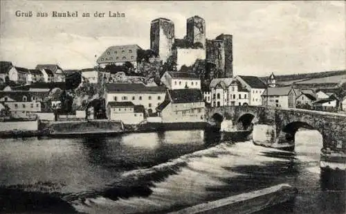 Ak Runkel an der Lahn, Teilansicht, Burg, Brücke