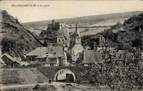 Ak Balduinstein an der Lahn, Teilansicht, Brücke, Burgruine