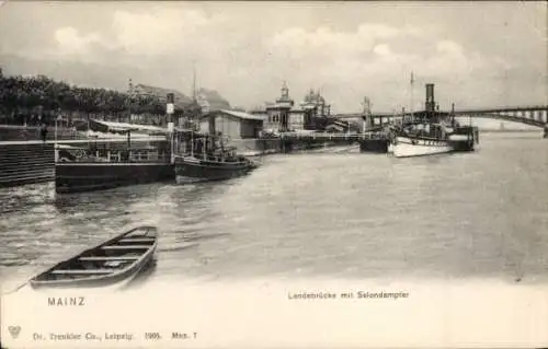 Ak Mainz am Rhein, Landebrücke, Salondampfer, Brücke