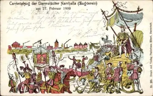 Litho Darmstadt in Hessen, Karnevalszug der Darmstädter Narrhalla 1900, Zugverein