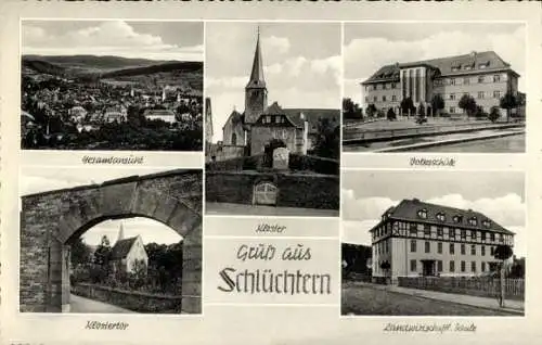 Ak Schlüchtern in Hessen, Gesamtansicht, Volksschule, Kloster, Klostertor, Landwirtschaftl. Schule