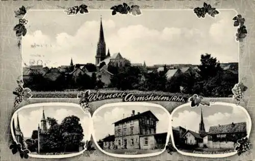 Ak Armsheim in Rheinhessen, Teilansicht, Kath. Kirche, Bahnhof, evang. Kirche am Rosenplatz