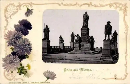 Passepartout Ak Worms am Rhein, Lutherdenkmal, Blumen