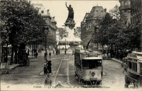 Ak Paris III, Rue du Temple, Place de la République, Straßenbahn