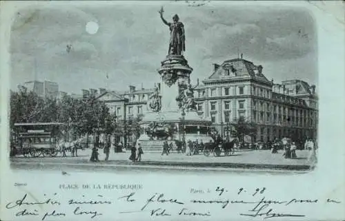 Mondschein Ak Paris III, Place de la République, Statue, Kutsche