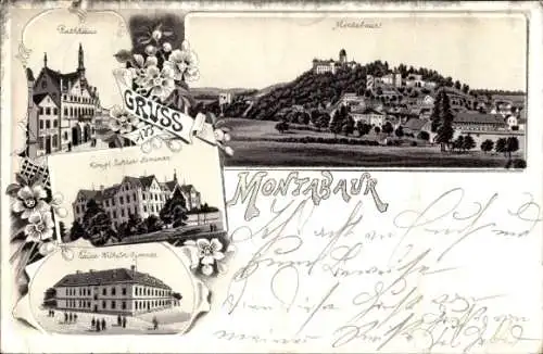Litho Montabaur im Westerwald, Rathaus, Lehrerseminar, Kaiser Wilhelm Gymnasium