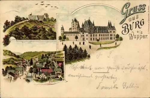 Litho Burg an der Wupper Solingen, Schloss, Burgruine, Blick auf den Ort