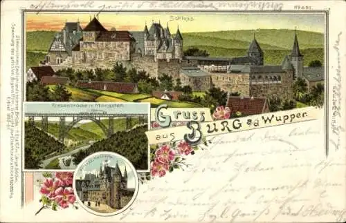 Litho Burg an der Wupper Solingen, Schloss Burg, Riesenbrücke